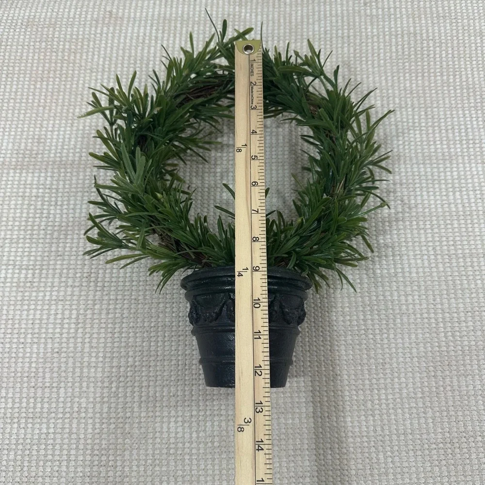 Artificial Rosemary Topiary Wreath in Black Decorative Pot Faux Greenery 13.5in